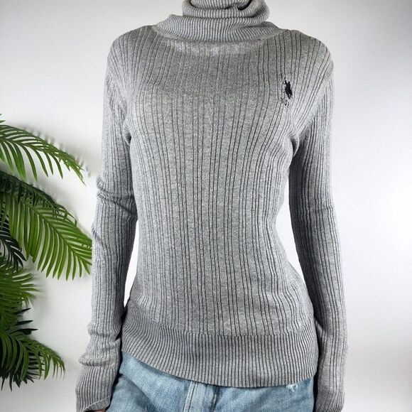 Women's Vintage Y2K U.S. Polo Assn. Gray Ribbed Fitted Turtleneck Sweater / M - Picture 3 of 5